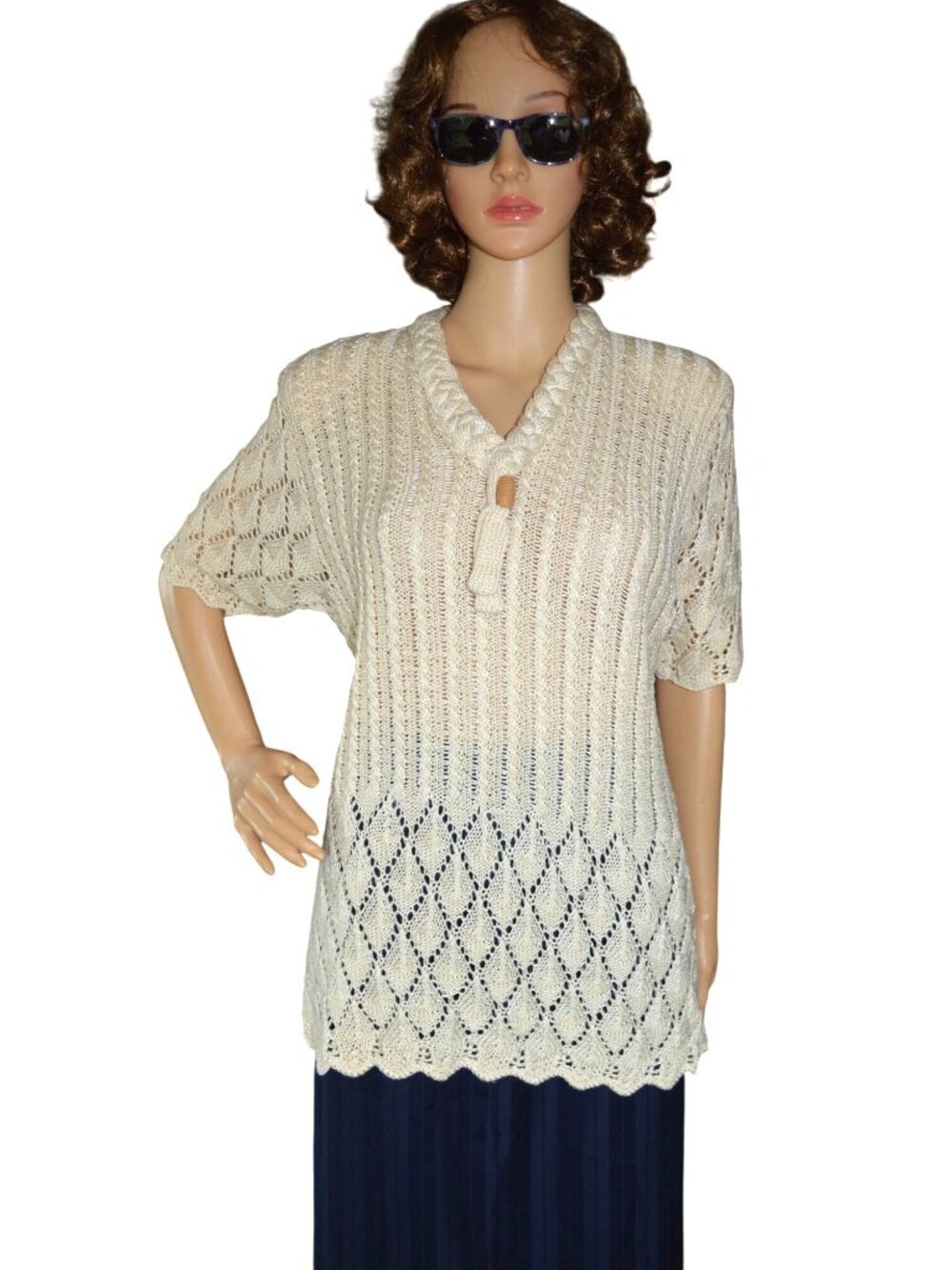 Vintage 80s Vivetta Cream Knit Sweater Top Braded Collar Women Size L Grannycore